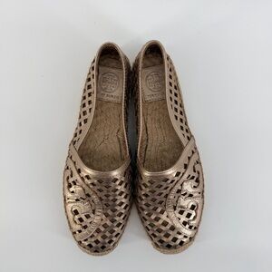 Tory Burch Laser Cut Gold Leather Espadrille Flats